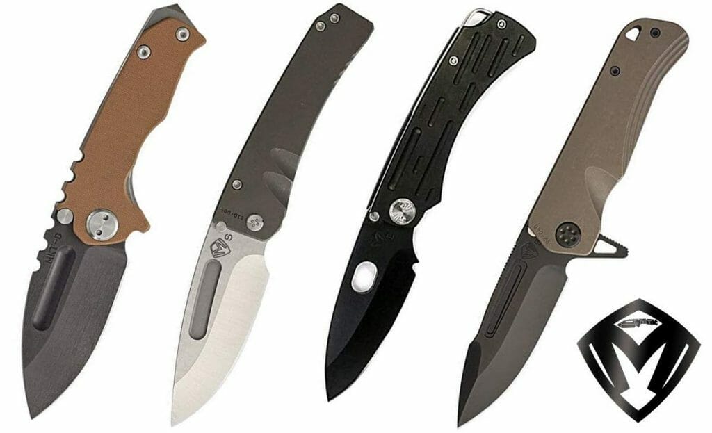 Four Medford folding and fixed blade knives on a white background. 