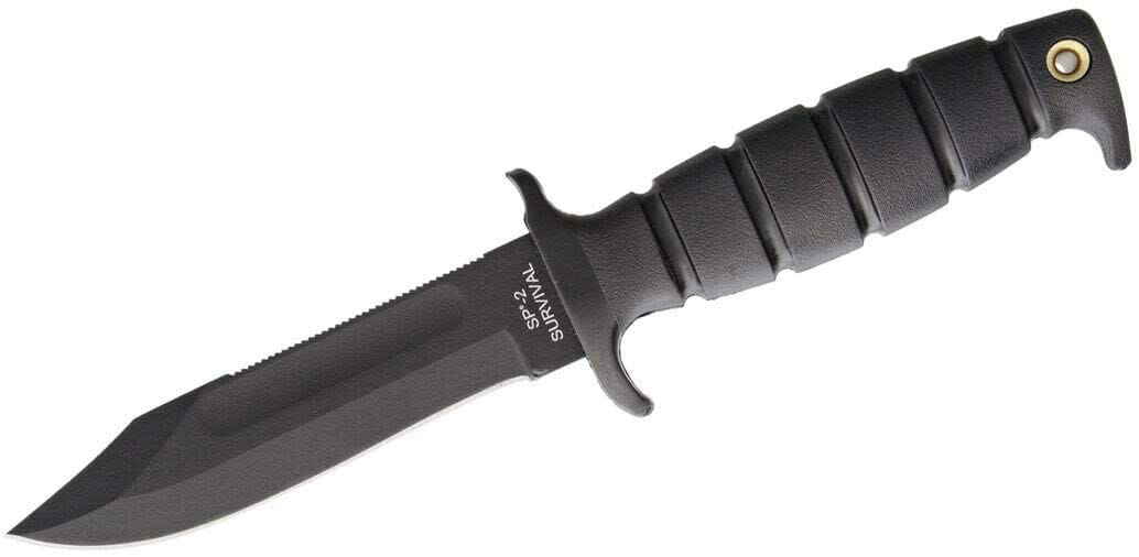 This Bowie knife has a carbon steel blade and kraton handle.