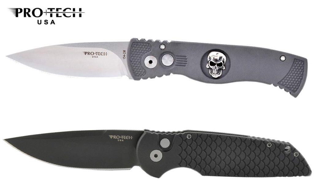 Two American made Pro-Tech folding knives in the open position. 