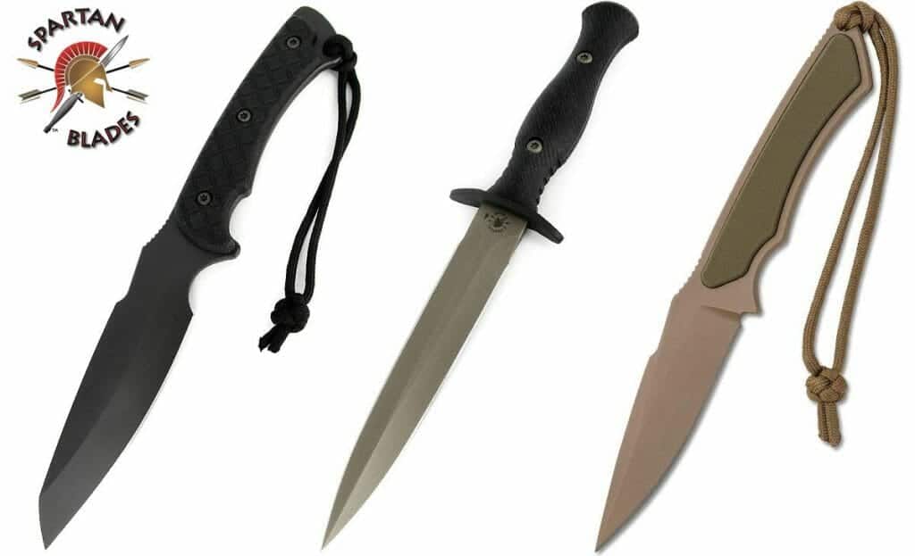 Three Spartan Blades fixed blade knives at an angle. This American company was started in a mule barn in 2008.