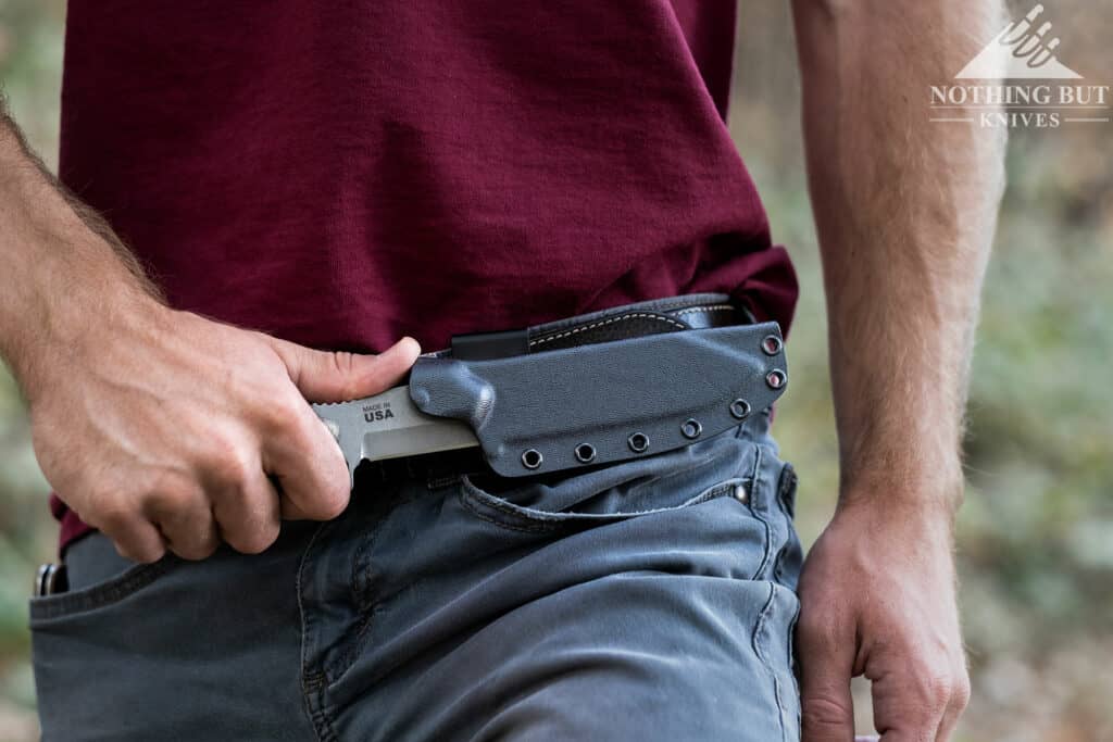 The TOPS Backpacker's Bowie knife sheath can be configured for a variety of carry options. 
