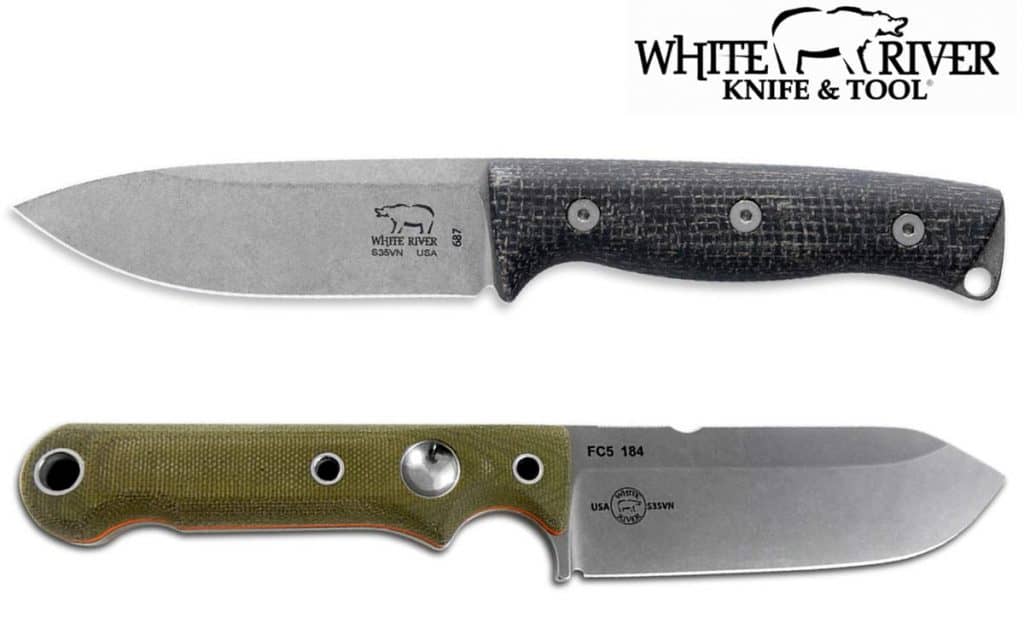 White River Knives are made in the USA. Two fixed blades are shown here.