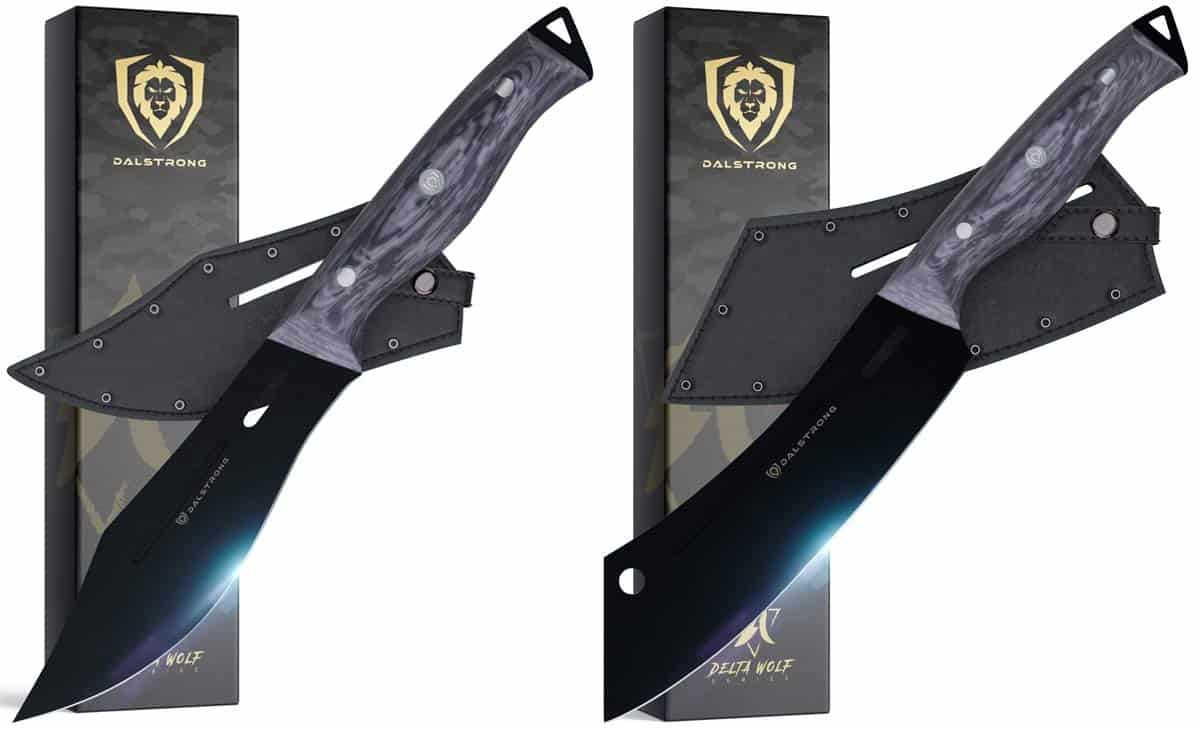 Dalstrong Knife Guide - Gladiator, Phantom And Crusader - Image 19 The Dalstrong Delta Wolf crixus and chef knife with their sheaths and boxes on a white background.
