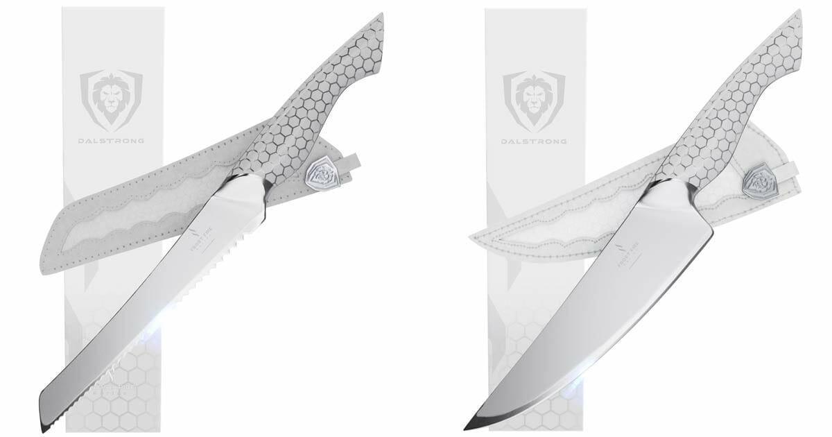 The Dalstrong Frost Fire chef knife and bread knife side by side. 