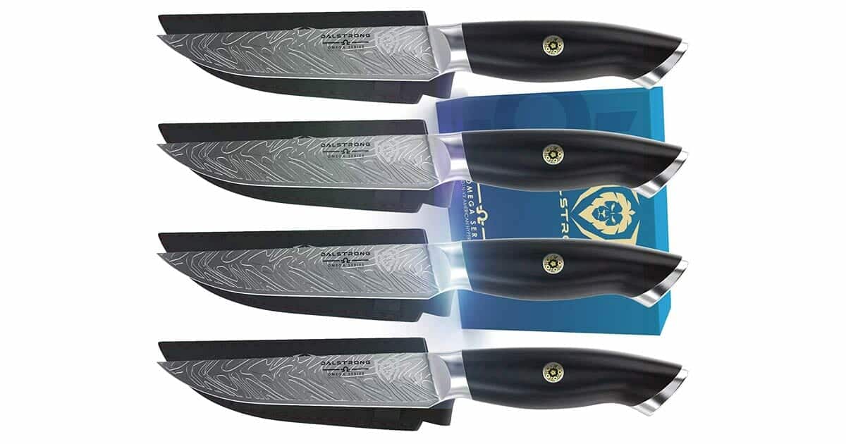 The Dalstrong Omega steak knife set shown with it's packaging. 