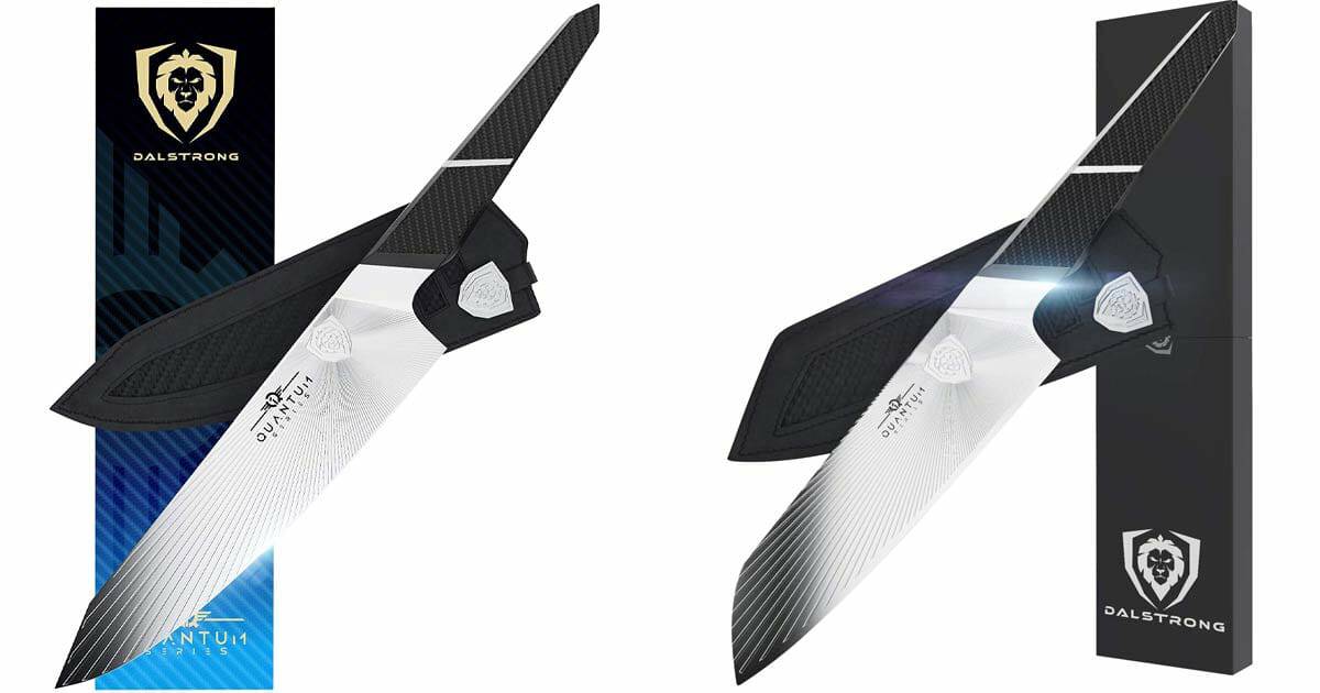 Dalstrong Knife Guide - Gladiator, Phantom And Crusader - Image 15 A Dalstrong Quantum 1 Series chef knife and santoku knife with their boxes and sheaths.