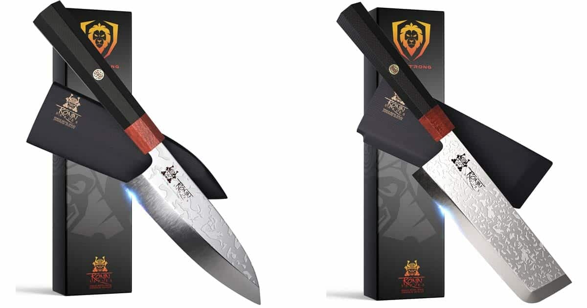 Dalstrong Knife Guide - Gladiator, Phantom And Crusader - Image 17 Dalstrong Ronin Series knives with sheaths and boxes on a white bacjground.