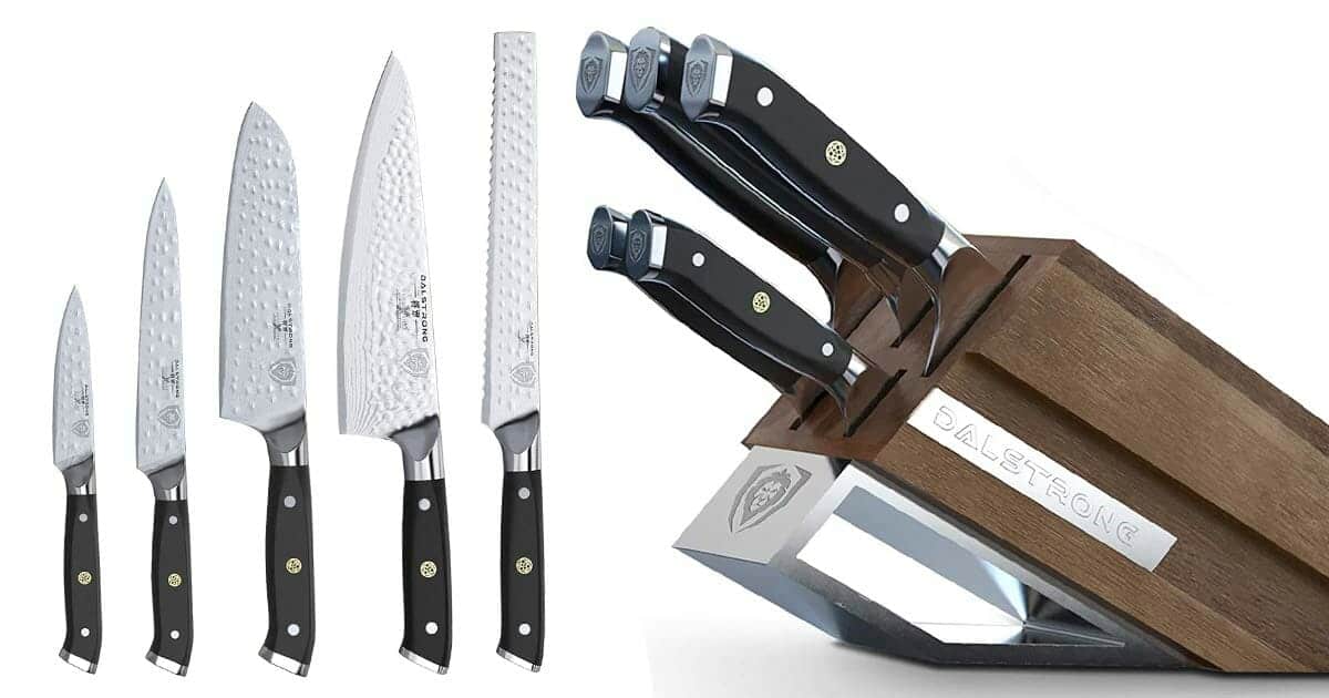 Dalstrong Knife Guide - Gladiator, Phantom And Crusader - Image 11 The Dalstrong Series X 5 piece set shown outside the storage block on the left and inside the storage block on the right.