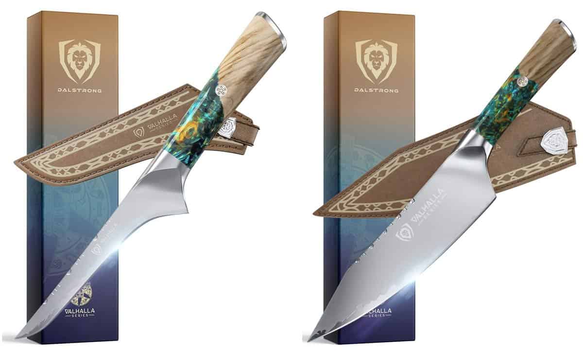 The Dalstrong Valhalla chef knife and carving knife with their sheaths on a white background.