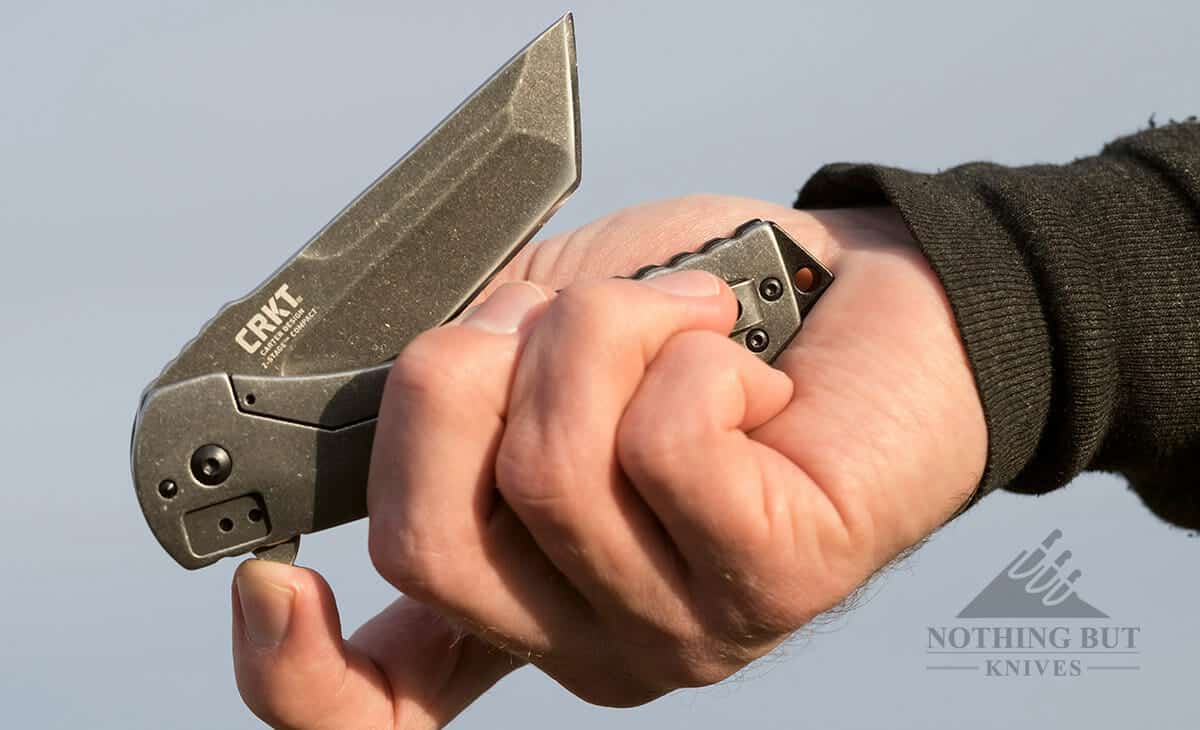 The blade of the Ruger CRKT 2-Stage Compact deploys easily. 