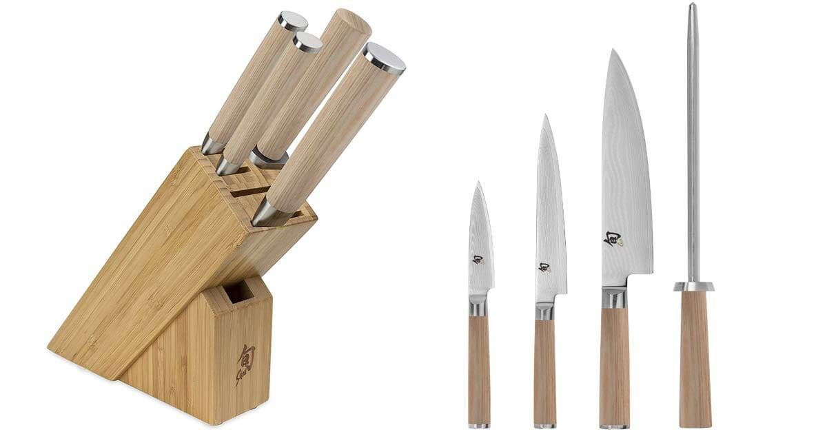 The Classic Blonde Starter from Shun with knives shown both in and out of the wood storage block.