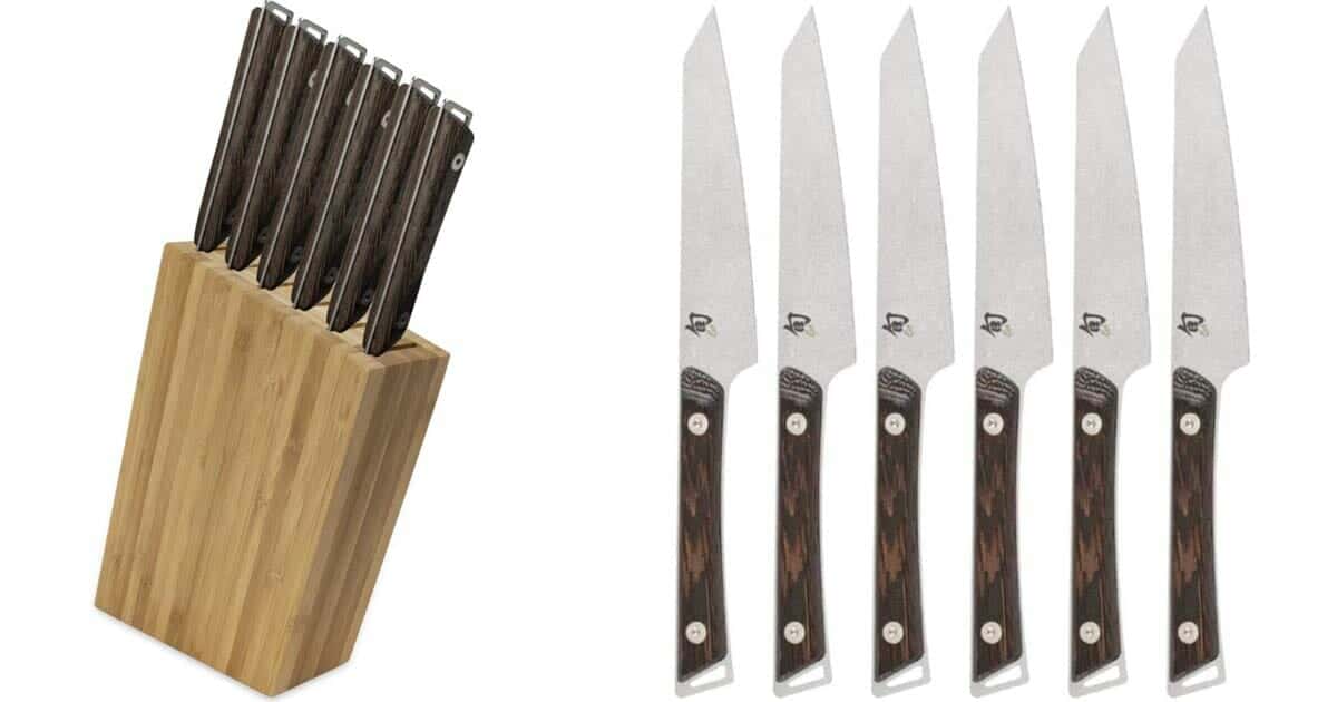 The Shun Kanso six piece steak knife set with the knives shown inside the wood storage block and outside the storage block on a white background. 