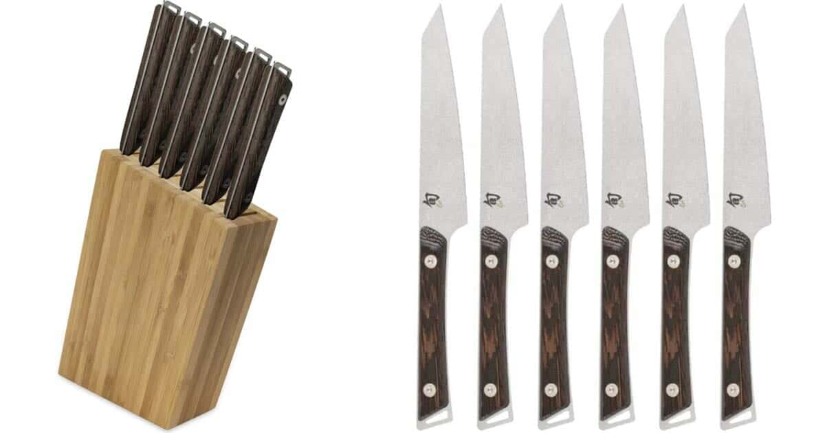 The Ultimate Guide To Shun Knives And Knife Block Sets - Image 16 The Shun Kanso six piece steak knife set with the knives shown inside the wood storage block and outside the storage block on a white background.