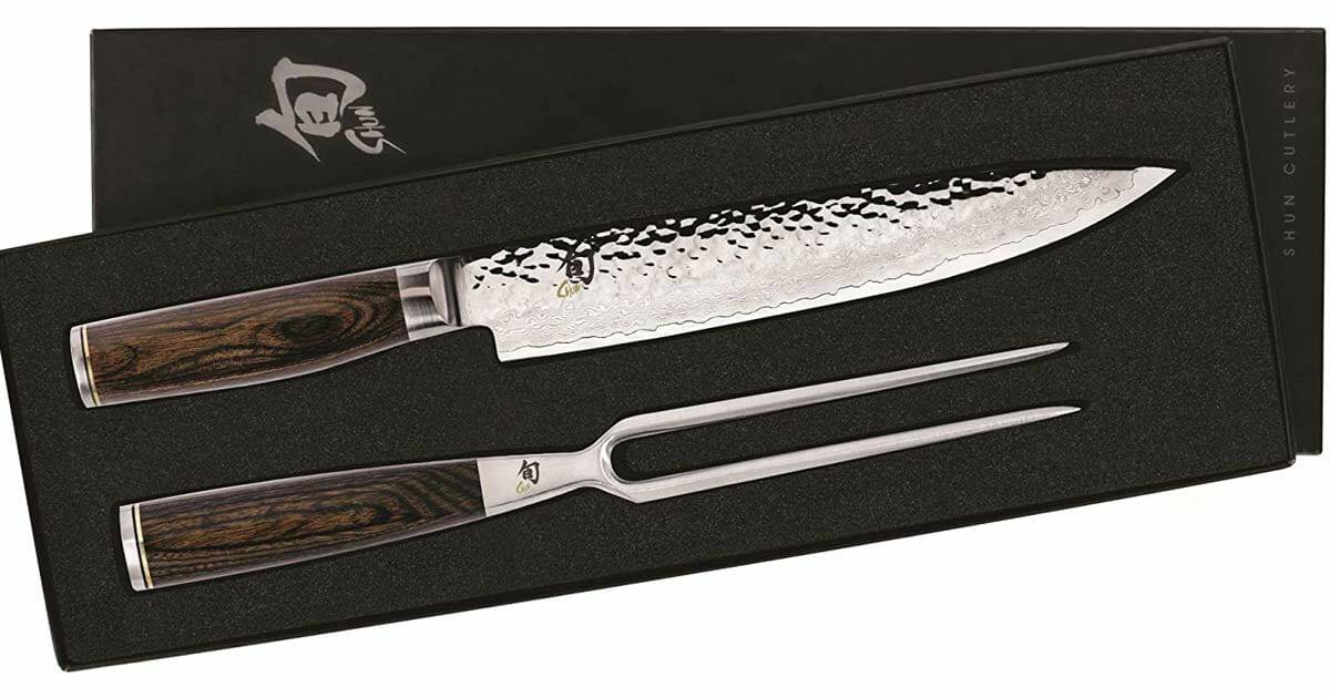 The Ultimate Guide To Shun Knives And Knife Block Sets - Image 20 Two piece carving set from Shun in a black box with the lid off to show the knives inside.