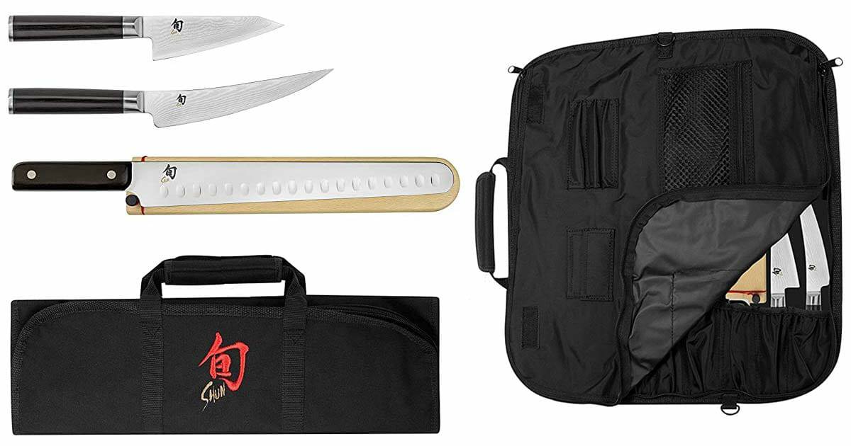 Shun's Classic Barbecue Cutlery Set shown with the knives in the bag and out of the bag on a white background. 