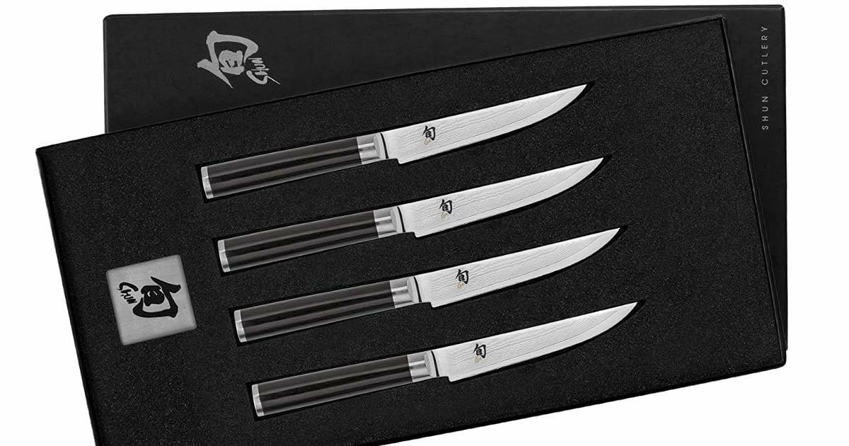 The Shun Classic Steak Knife Set shown inside it's box with the lid off. 