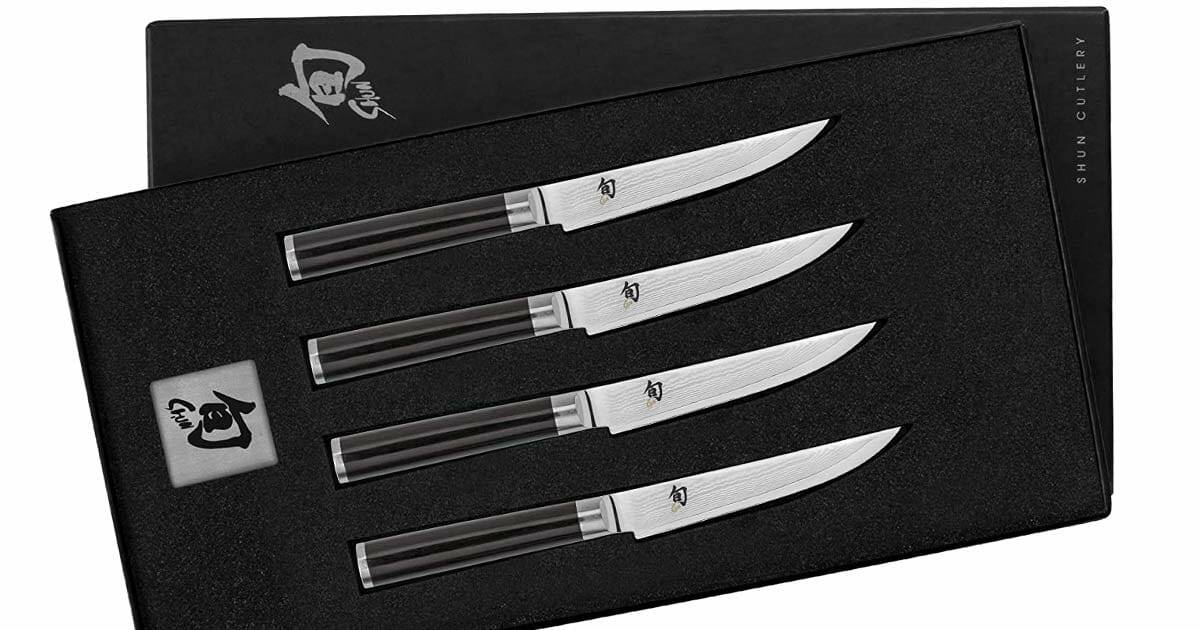 The Ultimate Guide To Shun Knives And Knife Block Sets - Image 11 The Shun Classic Steak Knife Set shown inside it's box with the lid off.