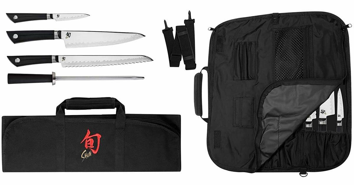The Sora 5 Piece Student Cutlery Set shown with it's carry bag open and closed.