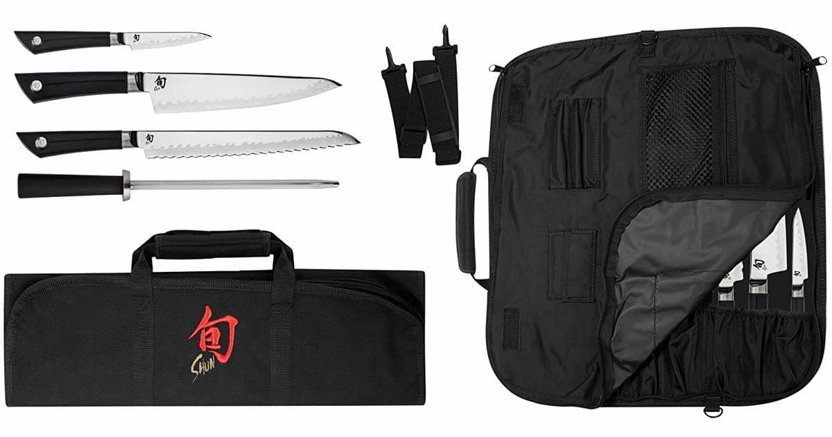 The Ultimate Guide To Shun Knives And Knife Block Sets - Image 4 The Sora 5 Piece Student Cutlery Set shown with it's carry bag open and closed.