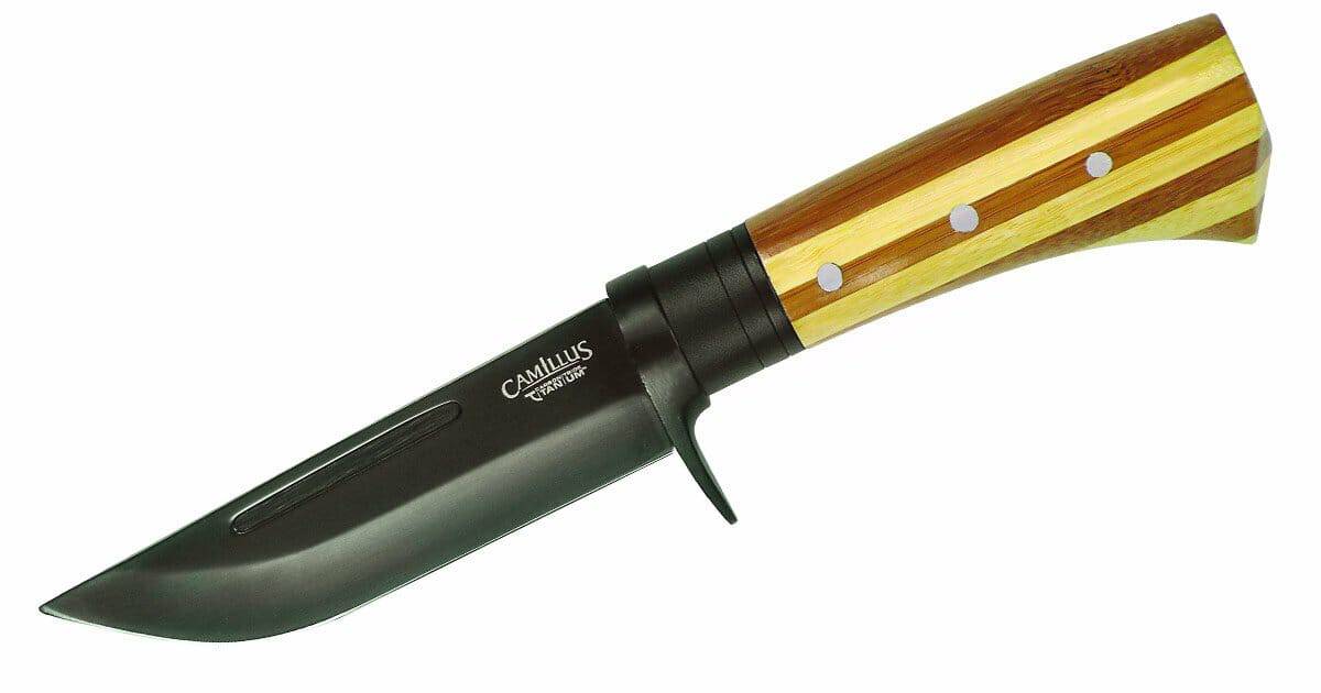 This titanium coated knife from Camillus sports a classic looking bamboo handle. 