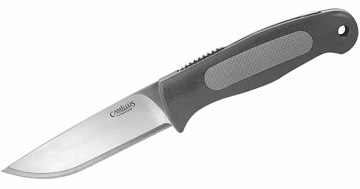 The Camillus Titanium TigerSharp features a rubber handle and a 420J stainless steel blade. 