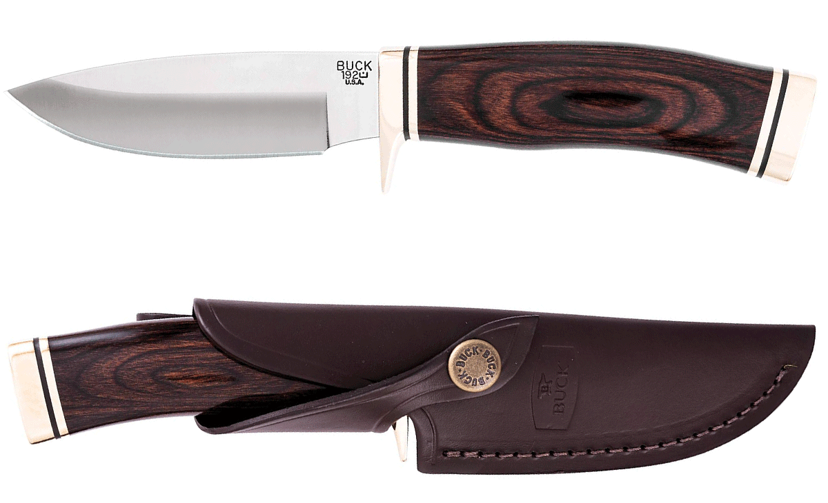 The Buck Vanguard sports a classic design and tough leather sheath. 