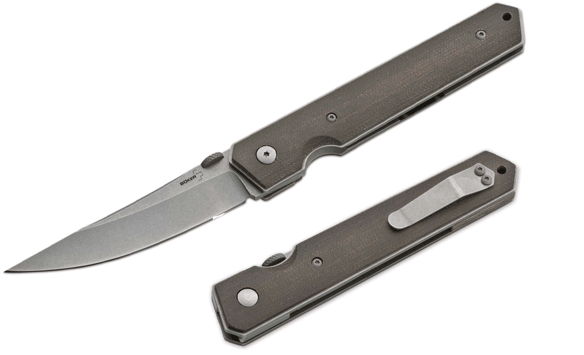 The Boker Plus Kwaiken is a folding knife with a comfortable micarta handle 
