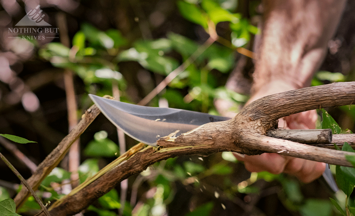 The Browning Black Label Battle Bowie knife cuts through branches effortlessly, so it makes a great tool for trailblazing.