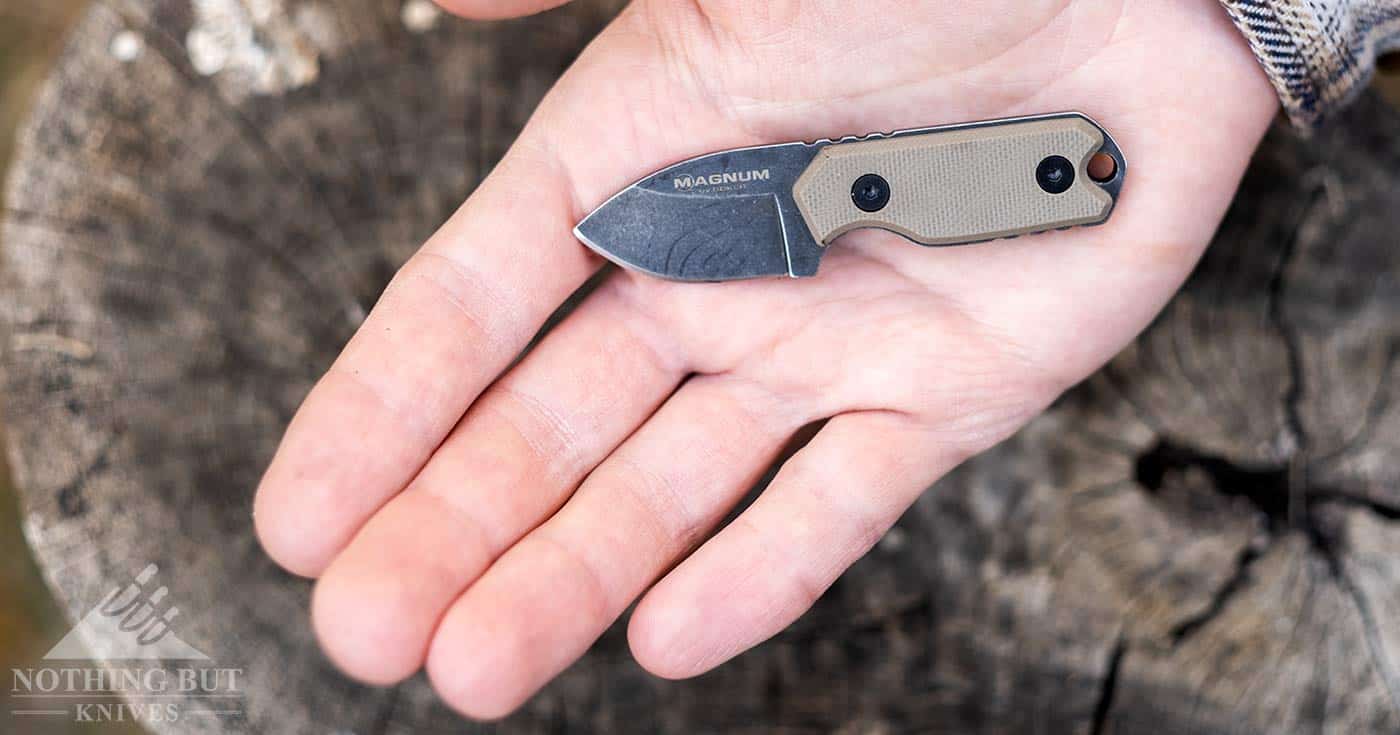 The Boker Magnum Li'l Friend sitting in the palm of a man's hand. 