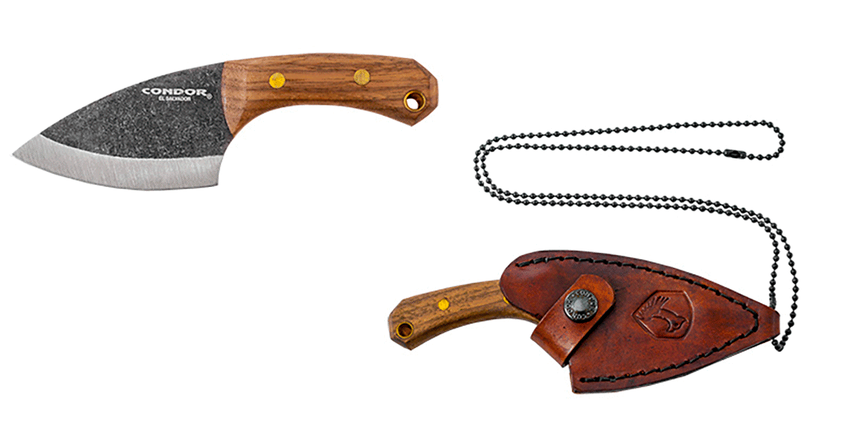 This neck knife knife comes in 1095 carbon steel with a wood handle, and a massively wide blade.