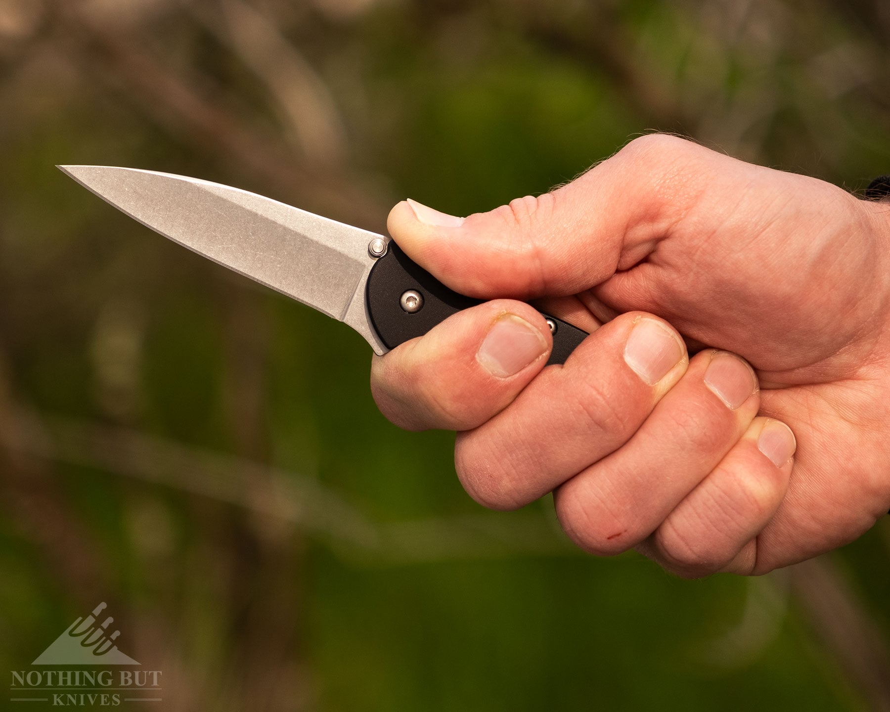 A close-up of the Kershaw Leek EDC folder being gripped in a person's right hand in a field. 