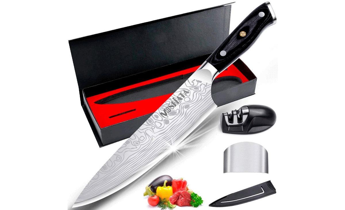 The Mosfiata Chef knife ships in a great looking box with practical accessories.