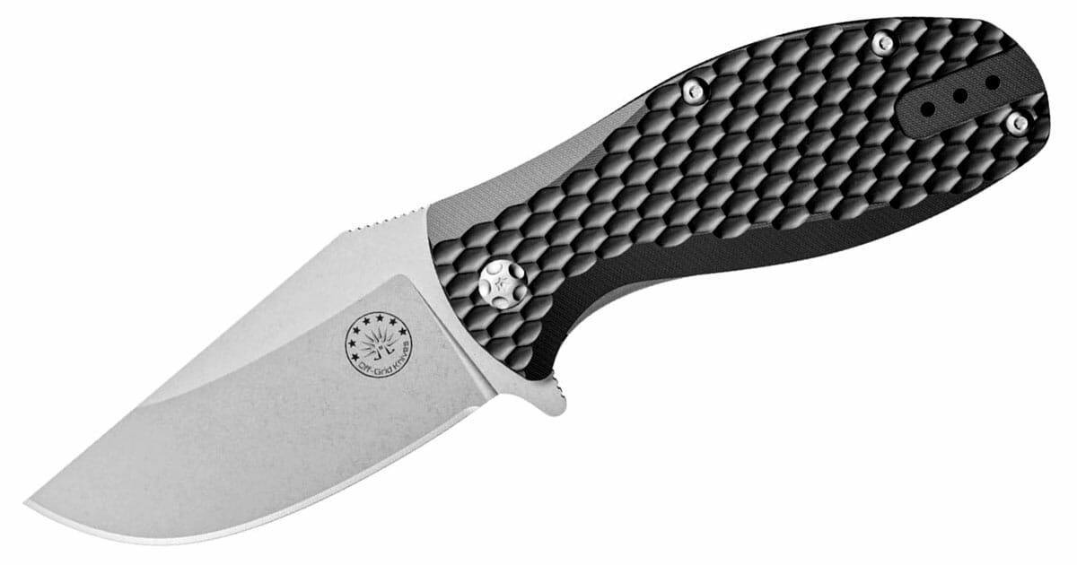 The Best Hard Use Pocket Knives Under $50 And $100 38 The Off-Grid Badger knife with a stonewashed blade on a white background.