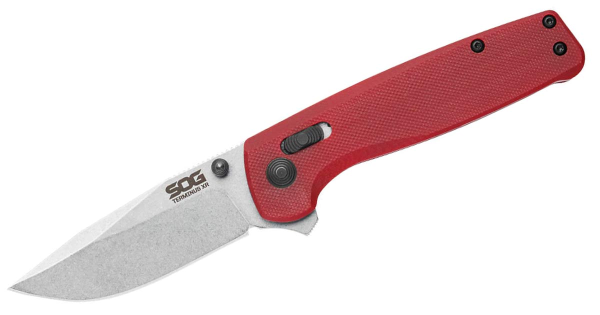 The SOG Terminus XR with a D2 steel blade and red G-10 handle scales. Shown here on a white background. 
