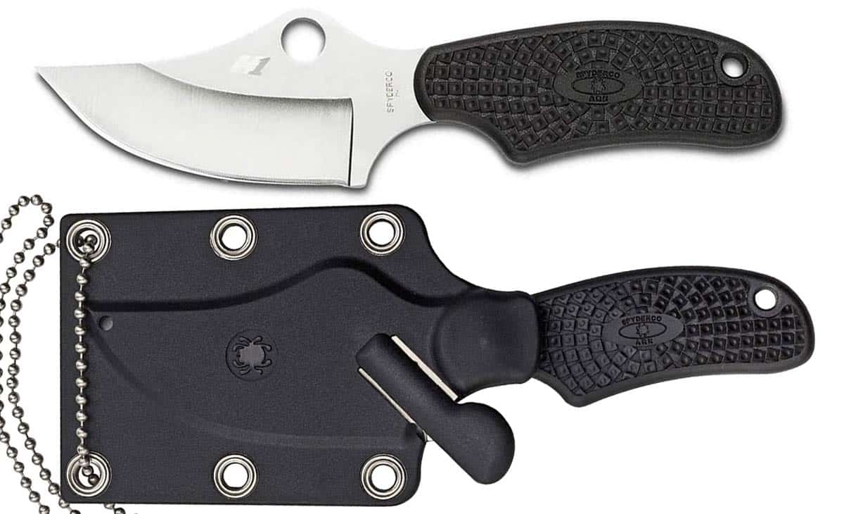 Spyderco Shirley Owens ARK neck knife shown inside it's sheath and outside. 