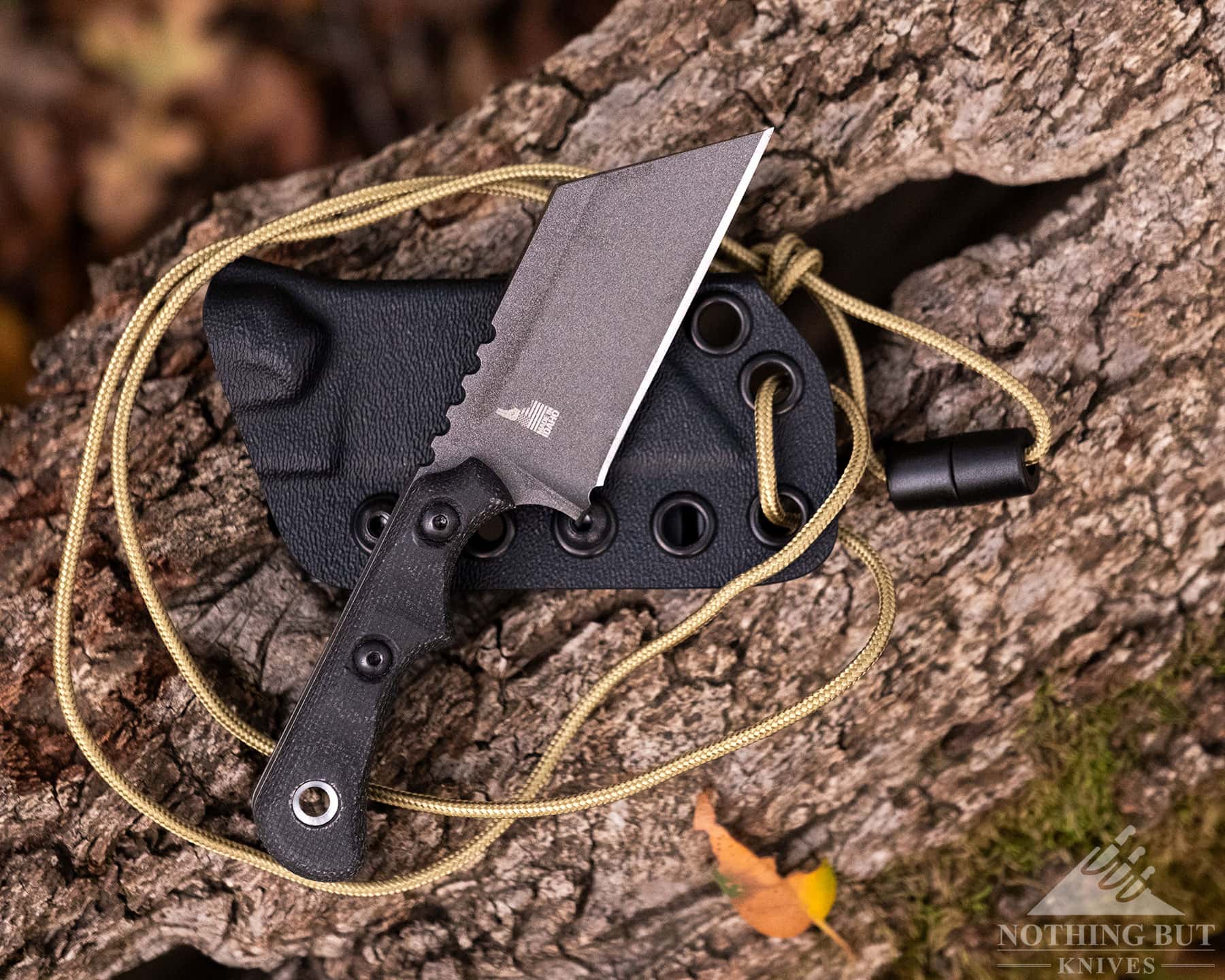 An overhead image of the TOPS Ivie necks knife outside its kydex sheath on top of a log.