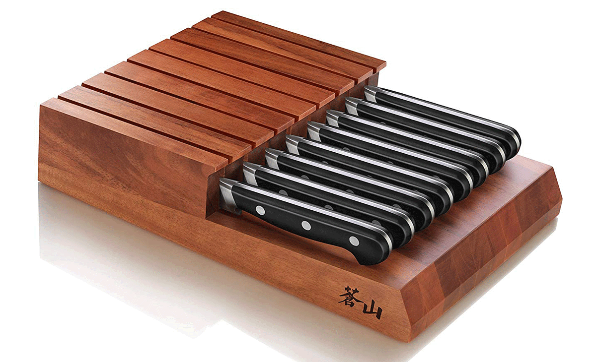 The Cangshan V2 59502 set has German Steel and ships in a wood box. 