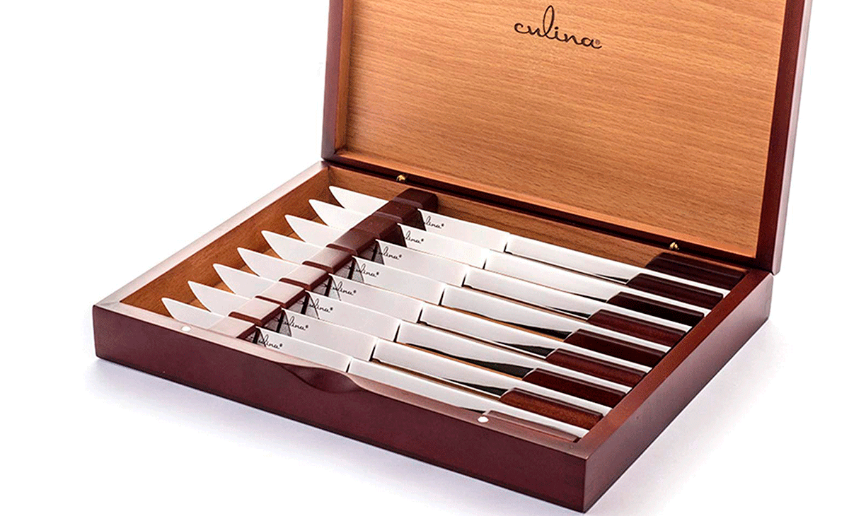 Comfort might be an issue with the Culina steak knife set, but they hit it out of the park with the cherry wood gift box.