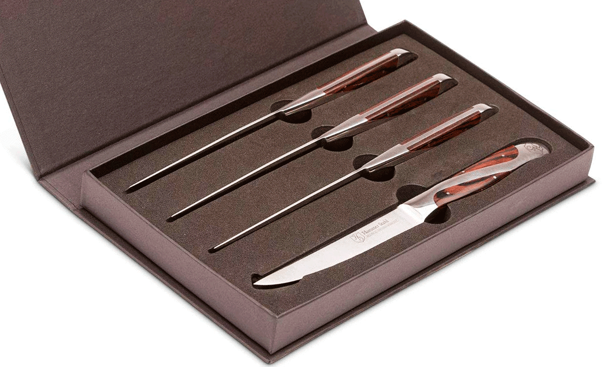 This box set of steak knives have comfortable Pakkawood handles. 