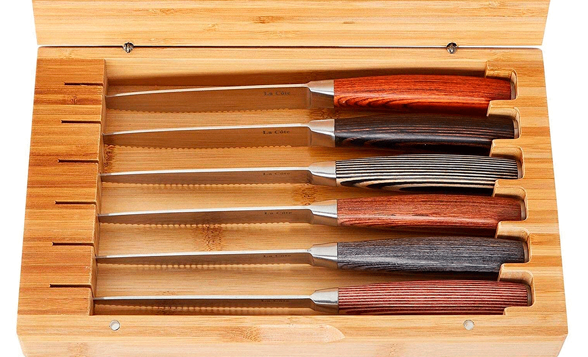 This Lacote steak knife set is unique, because the knives have different colored handles. 