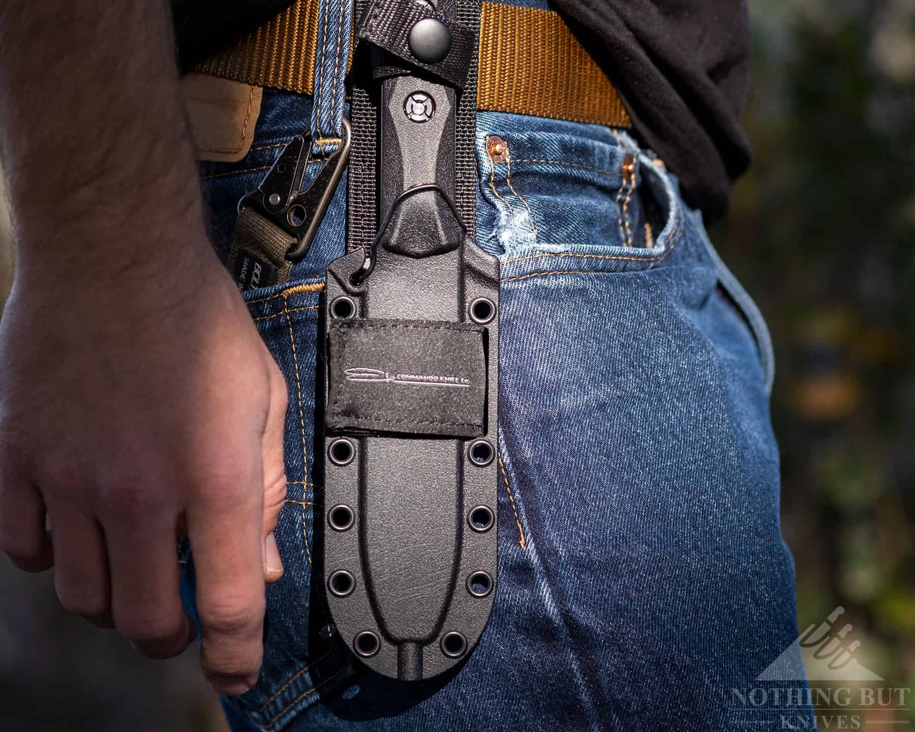 The Ka-Bar EK Commando Short ships with a practical sheath that holds the knife firmly in place. 