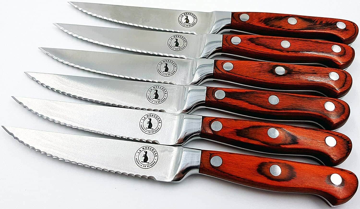 If you are looking for a budget serrated steak knife set the La Mongoose 4 piece set it hard to beat. 
