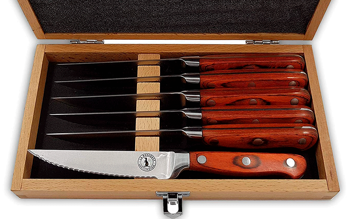 The Ultimate Guide To Steak Knife Sets In Gift Boxes 26 The La Mongoose set hase large comfortable wood handles.