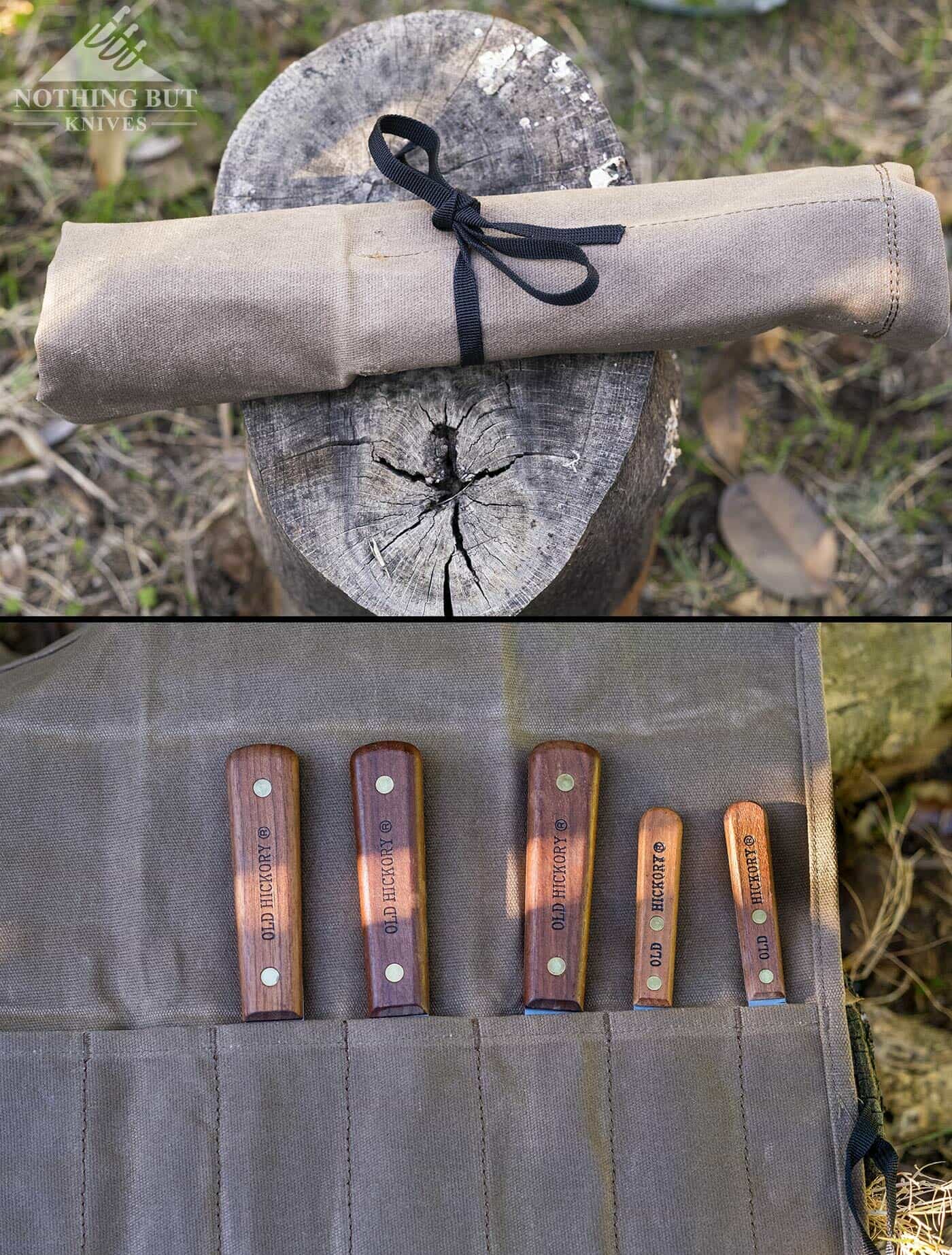 The Old Hickory Butcher Knife set shown in the QEES Knife Roll outdoors.
