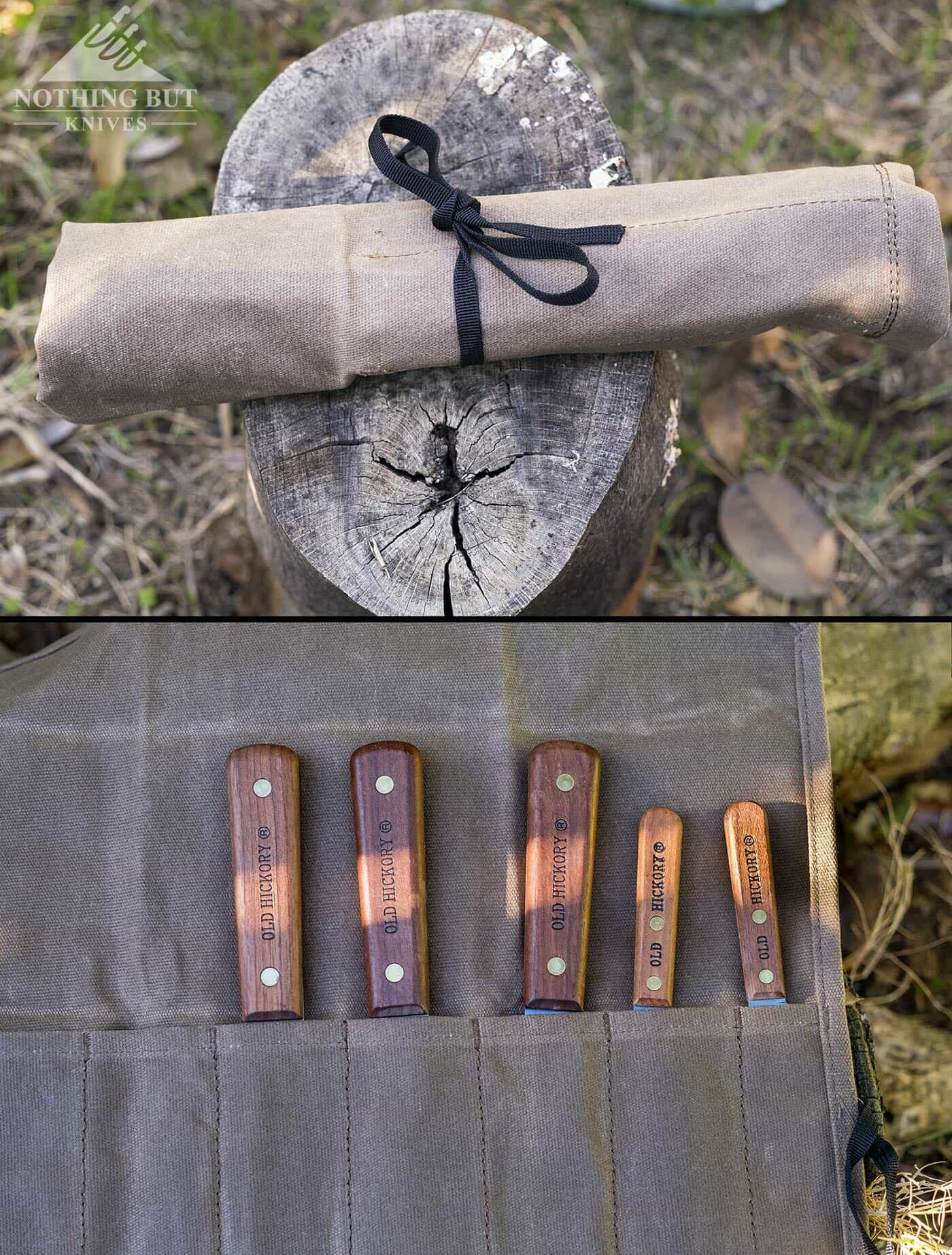 Old Hickory 705 Knife Set Review - Image 11 The Old Hickory Butcher Knife set shown in the QEES Knife Roll outdoors.