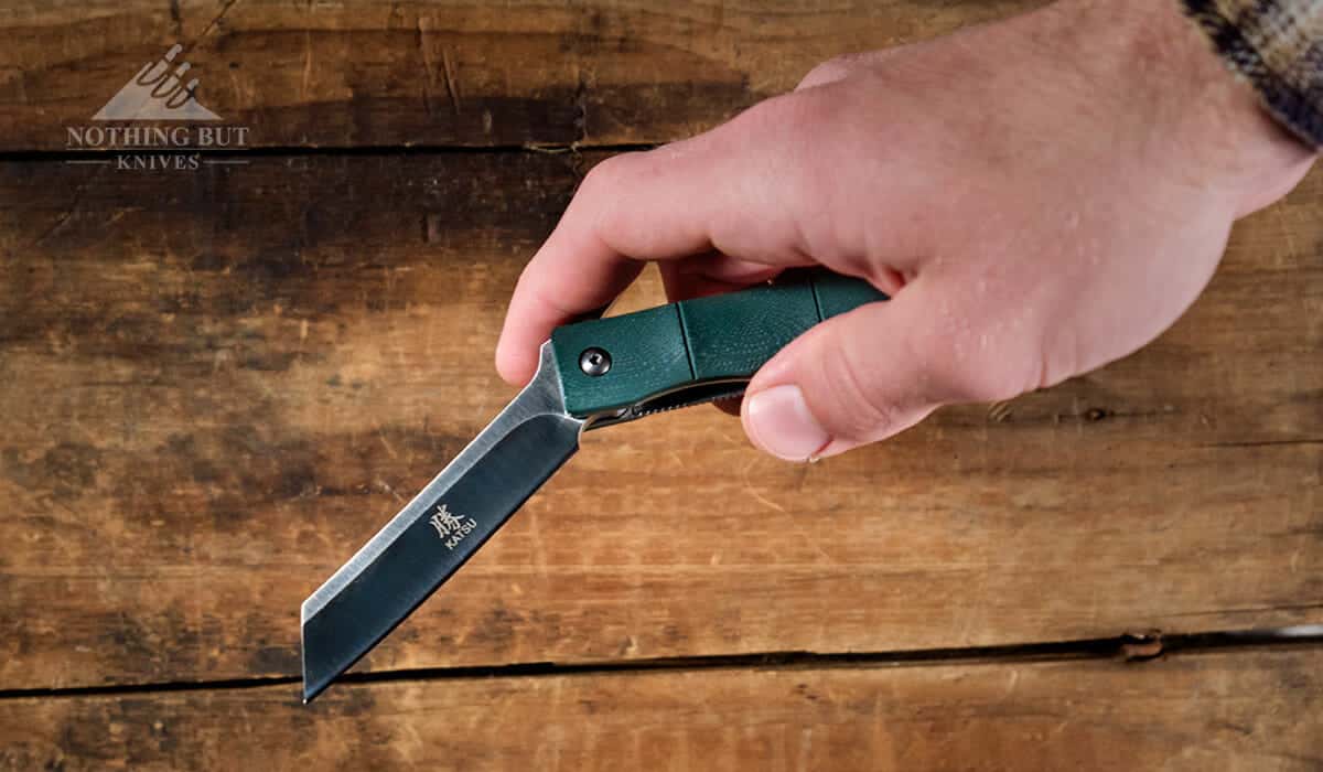 Katsu Bamboo Folding Knife Review - Image 2 One handed open of the Katsu Bamboo folding knife.