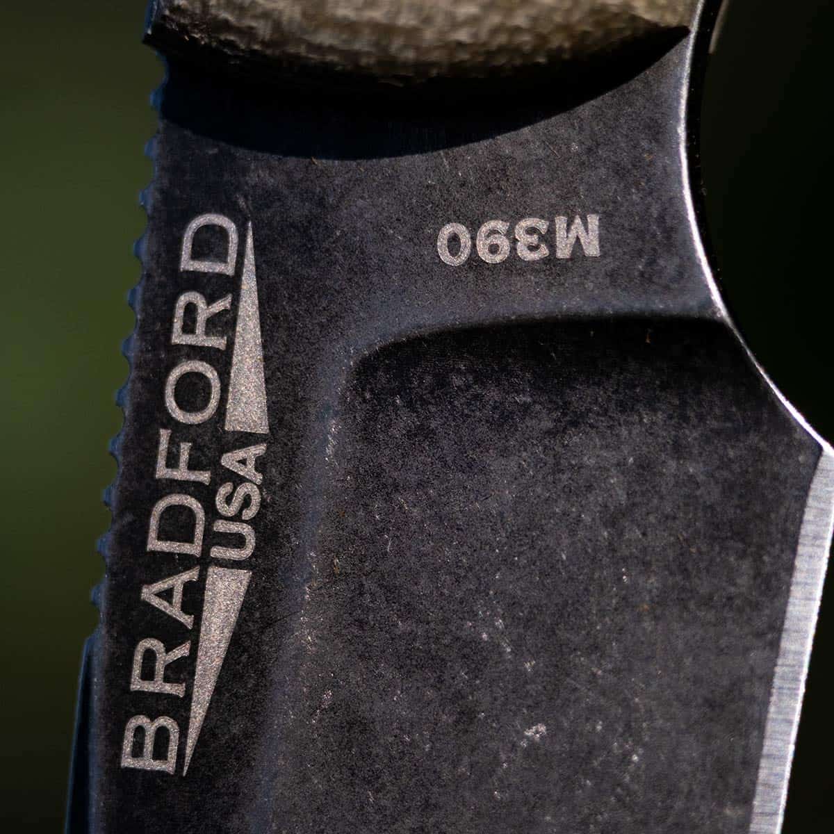 Bradford Guardian 3 Review 5 Close-up image showing the branding and steel type of the Bradford Guardian knife.