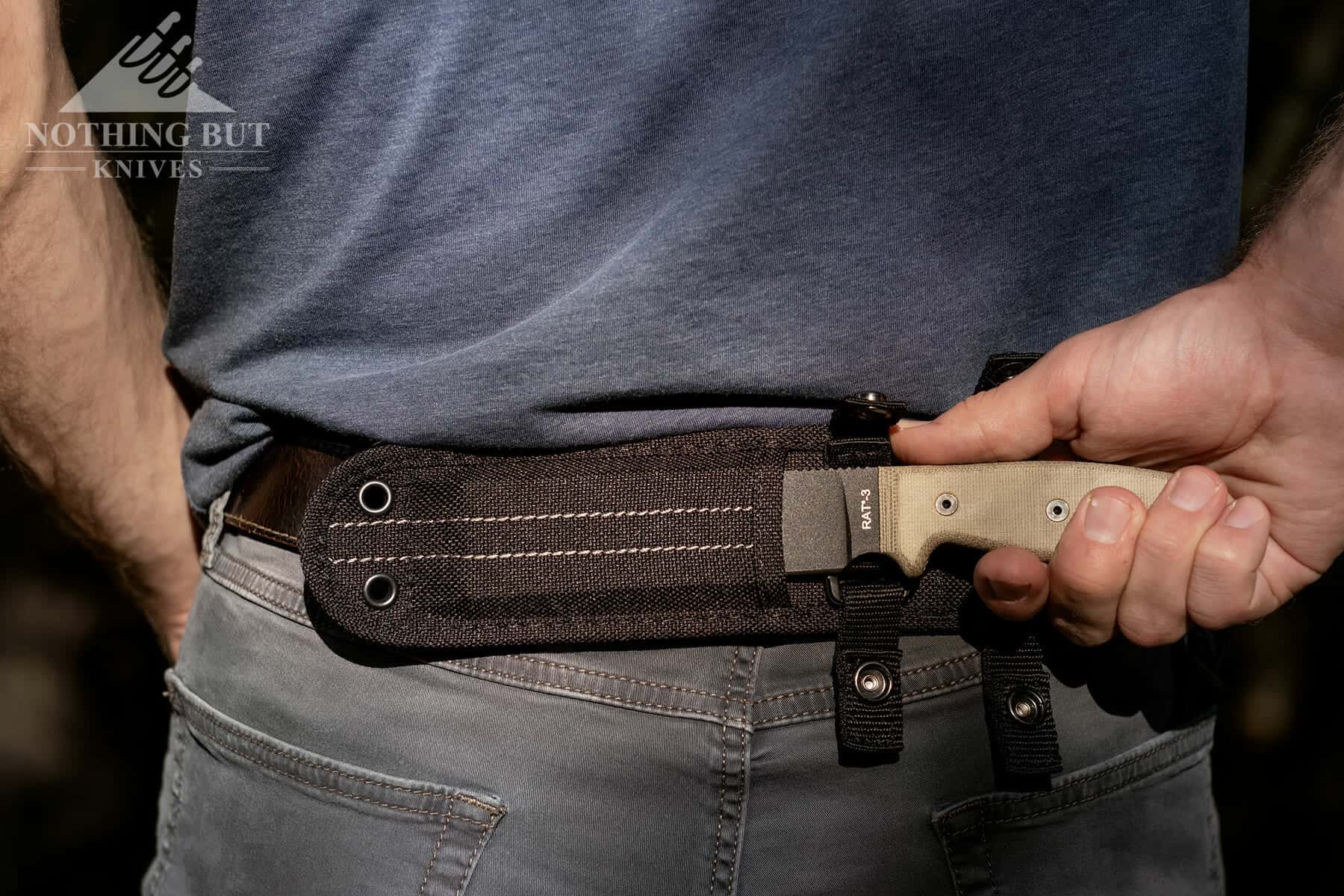 Ontario Knife Company Rat 3 Review - Image 7 The Rat 3 sheath set up for horizontal carry.