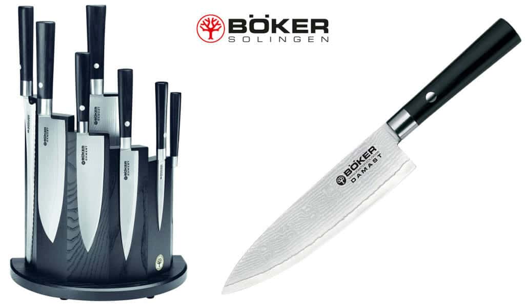 A Guide To Kitchen Cutlery By Outdoor Knife Companies - Image 6 Boker slapped some Pakkawood handles on these things, changing to a distinctly darker color scheme and bringing it that much closer to your typical Japanese knife set.