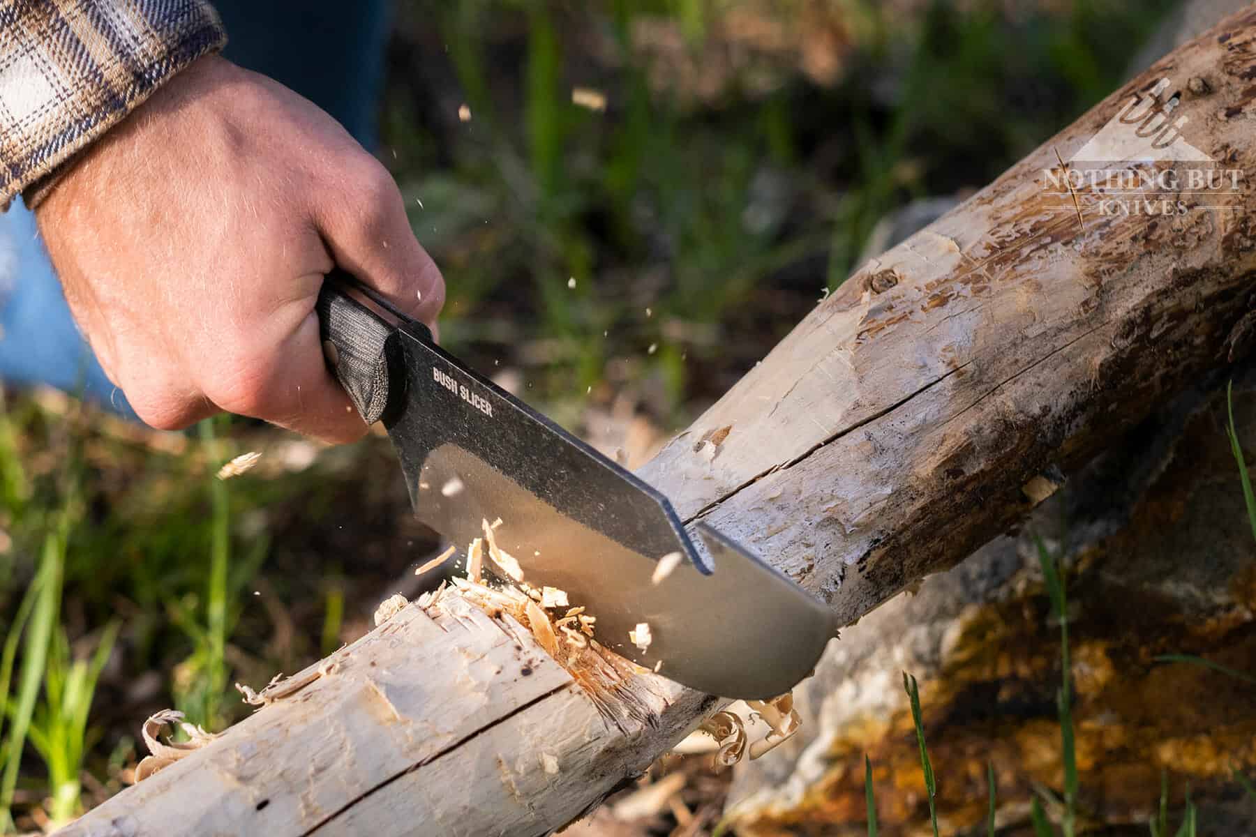 The weight of the Bush Slicer combined with it's convex grind make it great for wood chopping.